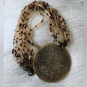 Bohemian Multi-Strand Beaded Necklace with Gold Pendant